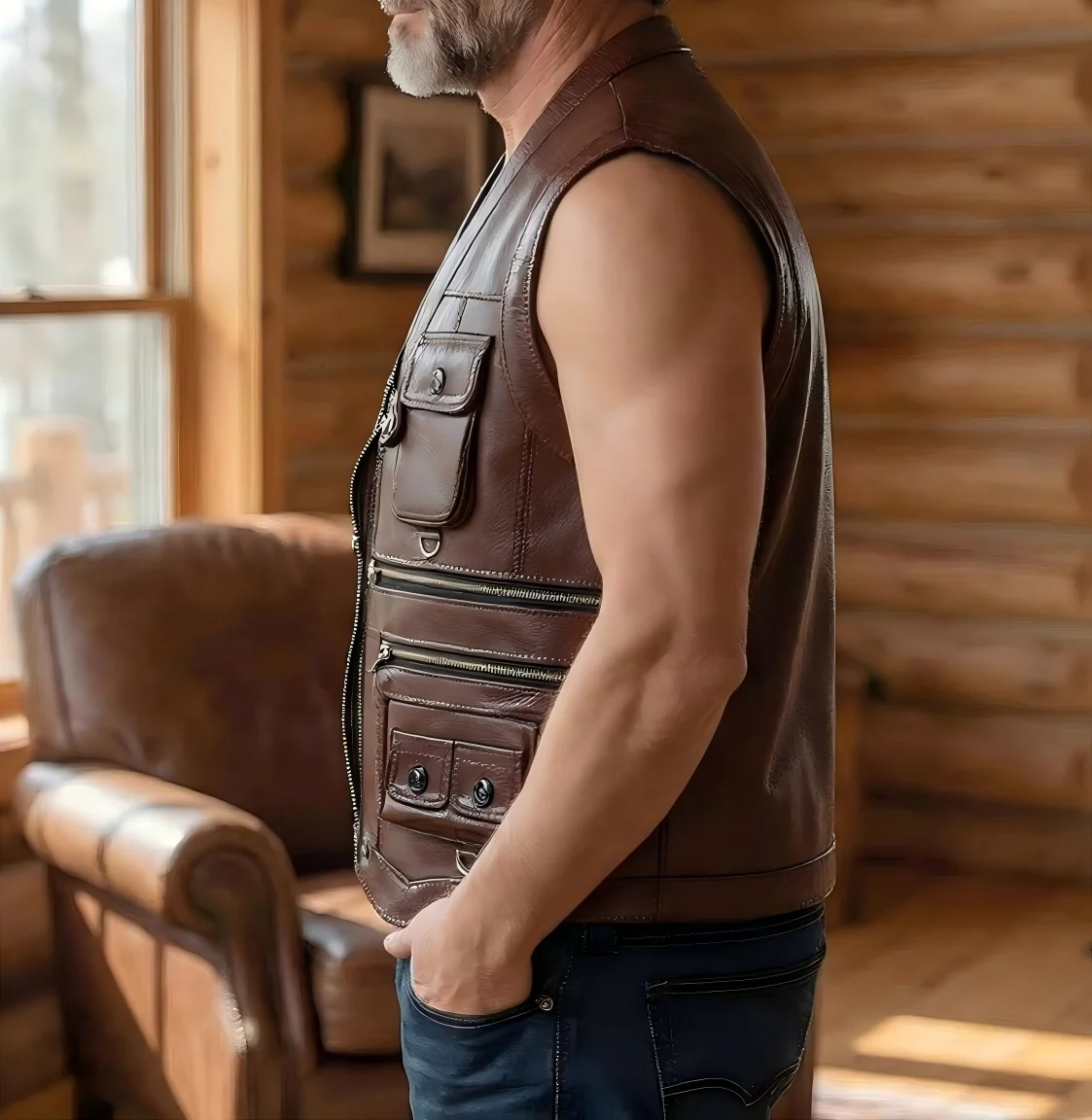 1.2MM Genuine Top-Grain Cowhide Leather Vest Gilet for Fishing, outdoor Motorcycle Riding, Multiple Pockets for Autumn Winter.