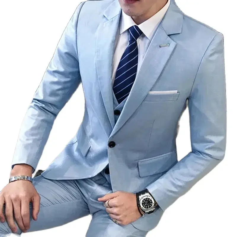 Chic Blue Men Suits Slim Fit 3 Piece Jacket Pants Vest One Button Notch Lapel Fashion Regular Length Formal Party Full Sets