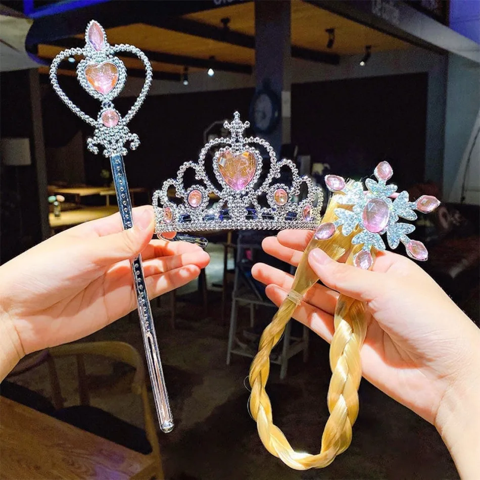 Little Girls Elsa Magic Wand Queen Crown Snowflake Weaving Braid Elsa Cosplay Props Kids Play Toys Pink Blue Crystal Accessories