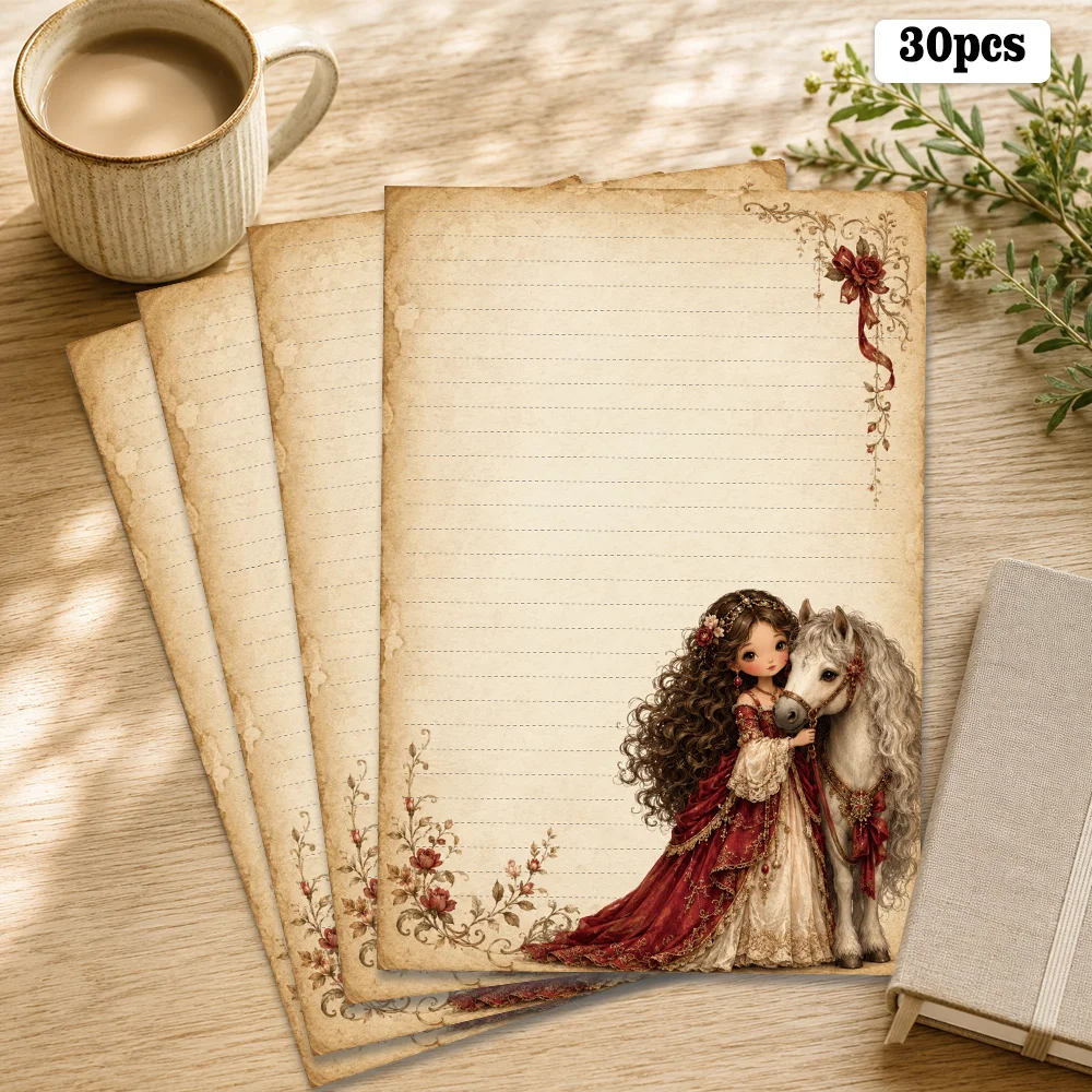 30 Sheets, B5, Vintage Princess And Horse Writing Paper, Lined, Non-adhesive, Very Suitable For Notebooks, Memos, And Stickers