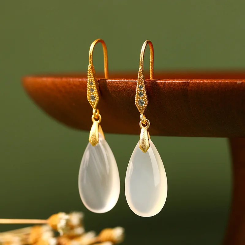 Chinese Style Hanfu Matching 925 Sterling Silver Post Vintage Teardrop Chalcedony Agate Dangle Earrings For Women Daily Party