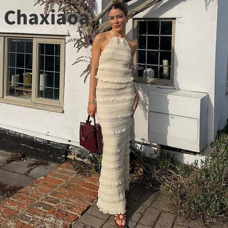 

Chaxiaoa Casual Two Piece Skirts Set for Women Backless Halter Tops + Slim Bodycon Skirt Female Summer Vocation Matching Outfits
