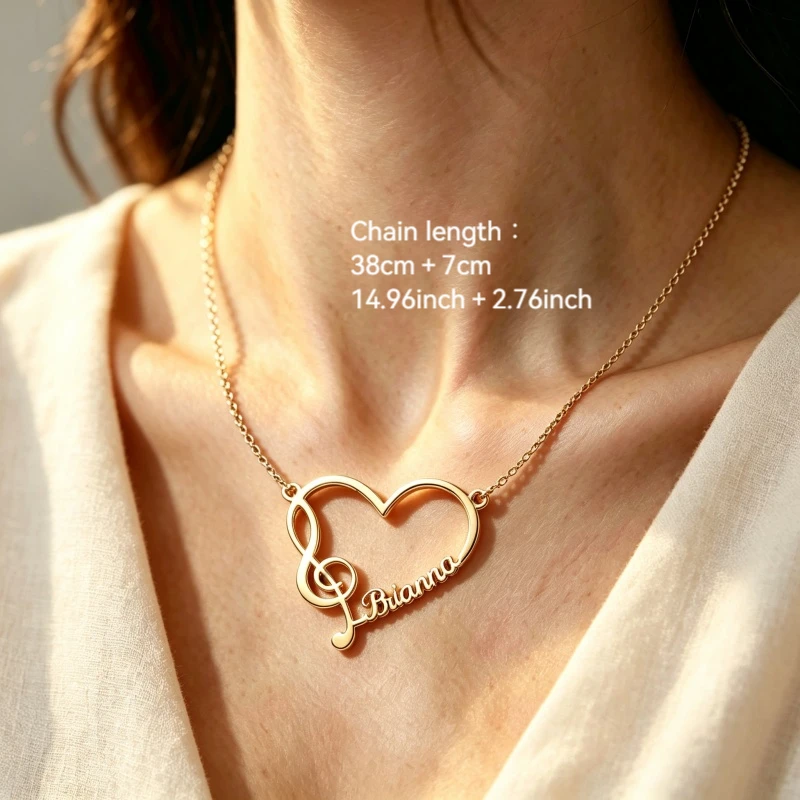 Personalized Music Name Necklace Custom Hollow Heart Nameplate Pendant Gold Color Chain Ladies Musical Theme Jewelry Gift