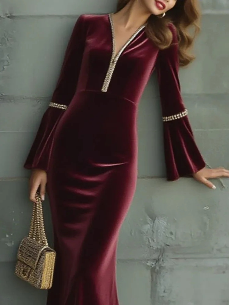 فستان نسائي غير رسمي برقبة على شكل حرف v بقصة ضيقة فستان مخملي للخريف والشتاء بأكمام واسعة فستان طويل سبليت 2025 فستان أنيق للمواعدة #1