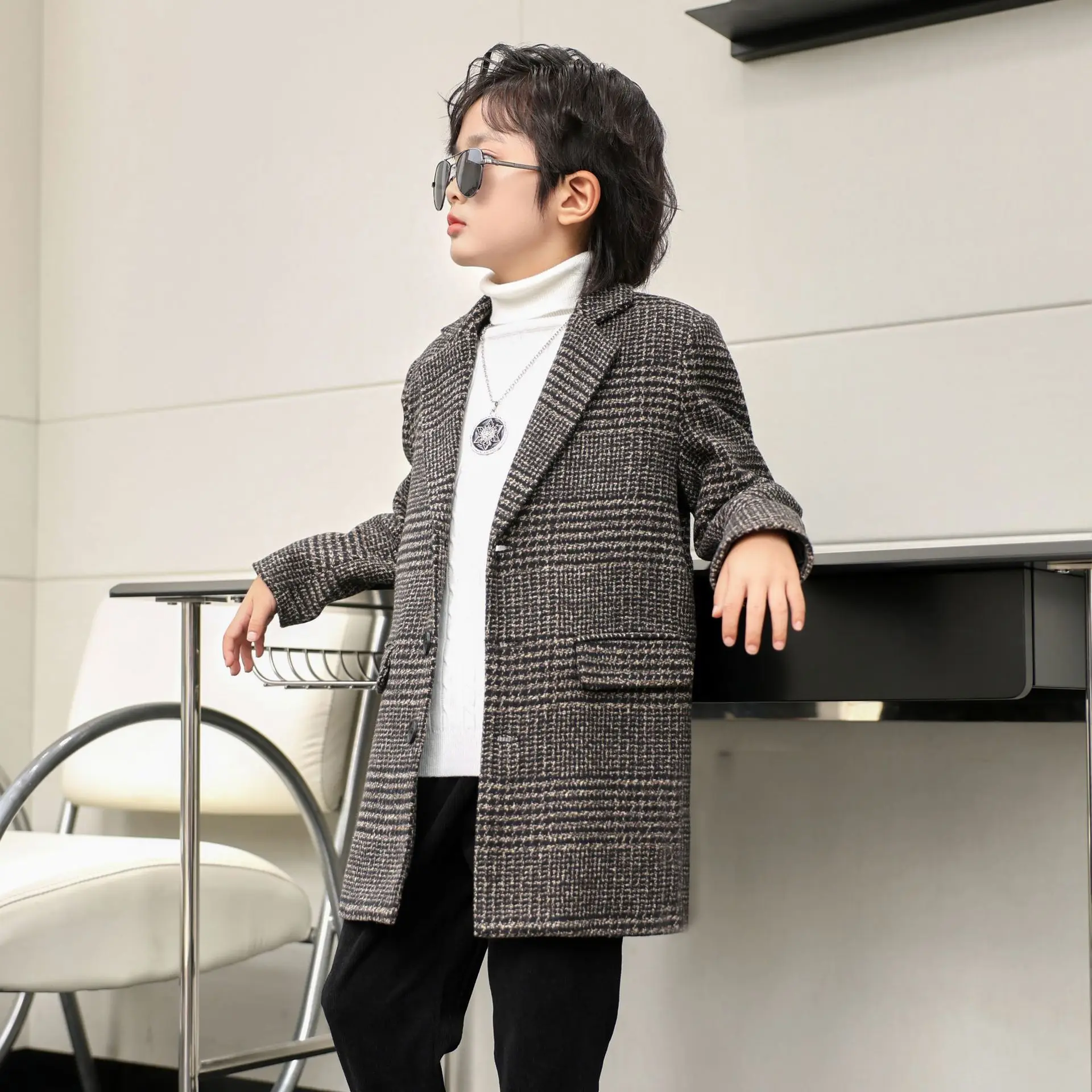 Children Winter Warm Wool Coat Korea Boys Windproof Outdoor Long Jacket Kids Fromal Birthday Party Photography Woolen Snow Coat