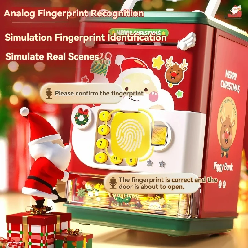 Cofrinho de natal brinquedo eletrônico mini máquina de poupança atm com senha & impressão digital desbloqueio simulação caixa de dinheiro presente do miúdo