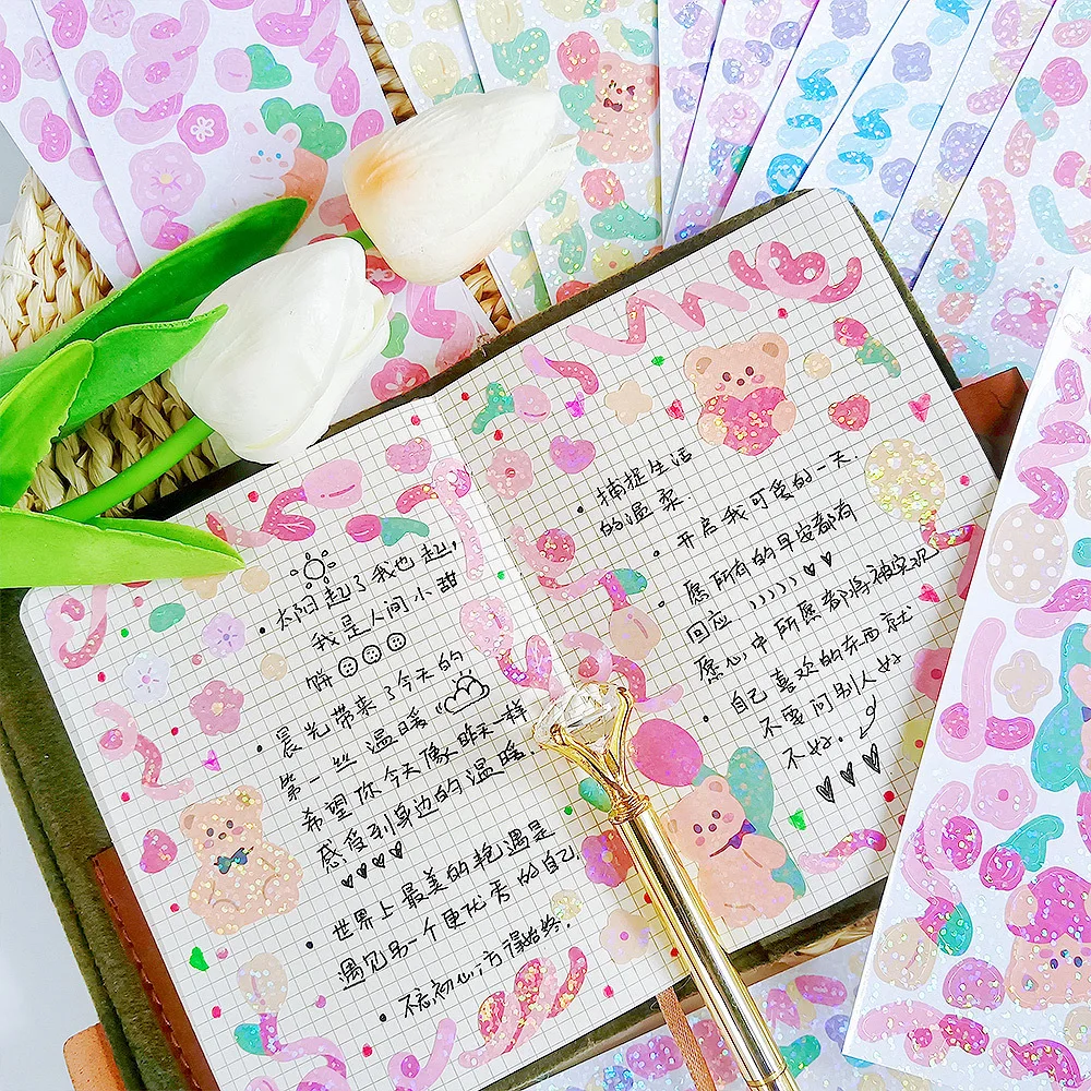 IMOON 12 Sheets Cute Shiny Laser Ribbon Stickers for Photo Albums Frame DIY Crafts Poster Decoration Scrapbook Planners