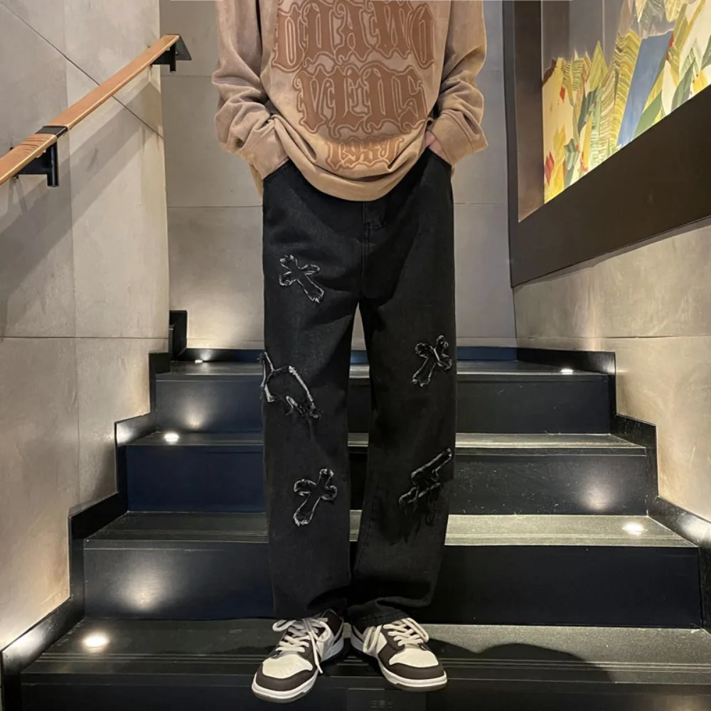 2025 novas calças de brim masculinas unissex perna larga calças jeans soltas retas calças de brim masculinas bonitas casuais hip hop calças de brim