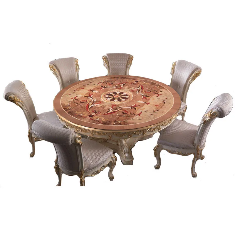 

Alexander English furniture birch round dining table 6 people French European shell parquet inlaid dining table and chairs