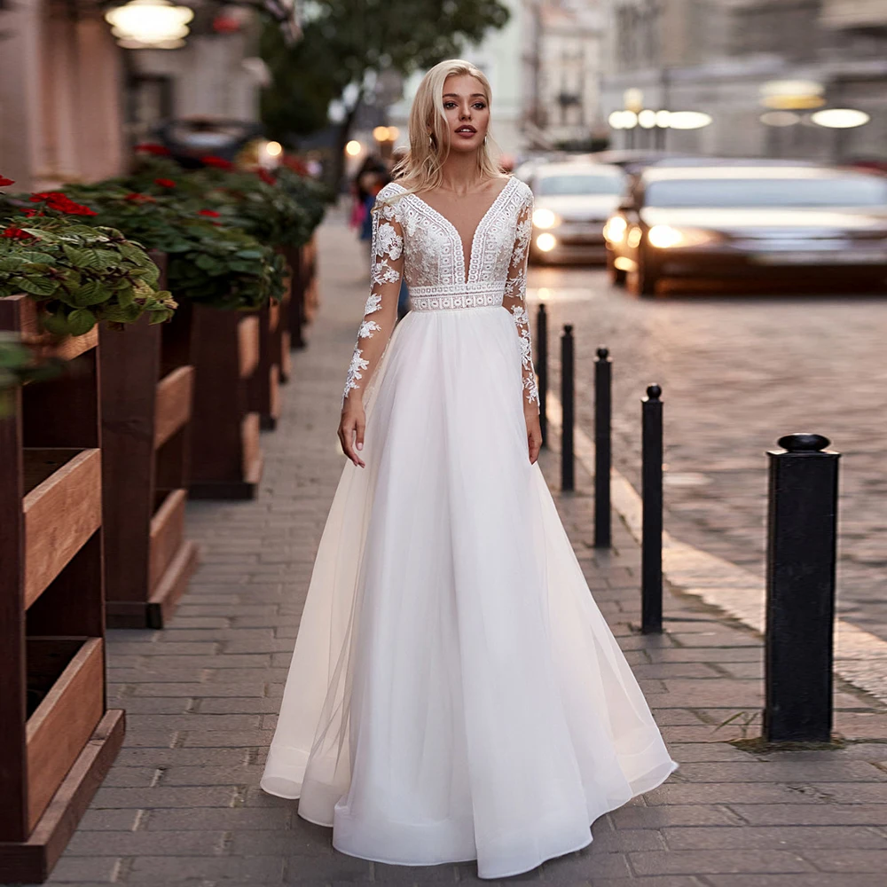 

Simple Ivory Wedding Dresses with Organza 2025 Summer Full Sleeve Court Train Bridal Gowns A Line Vestido De Novia