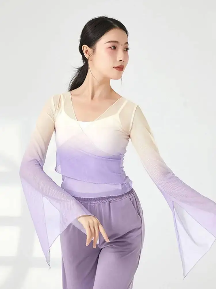 Camicia da ballo da donna in rete con scollo a V sfumato, vestibilità slim, manica a campana, top lungo per costume da palcoscenico per pratica di balletto jazz moderno
