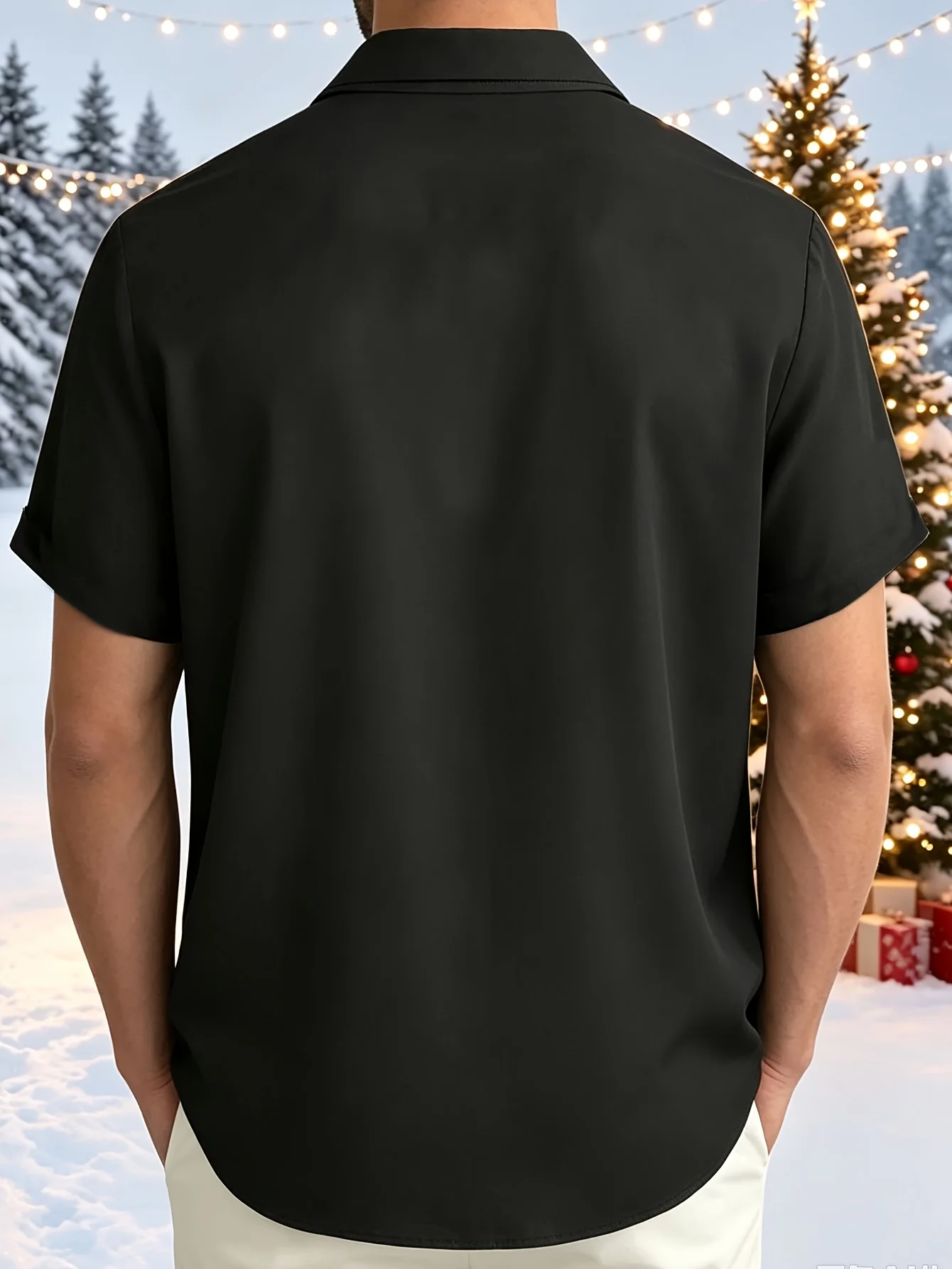 Trendy Men Button‑Up Shirt Black Tropical Christmas Palm Santa Sleigh Art Print Polyester Beach Party Casual