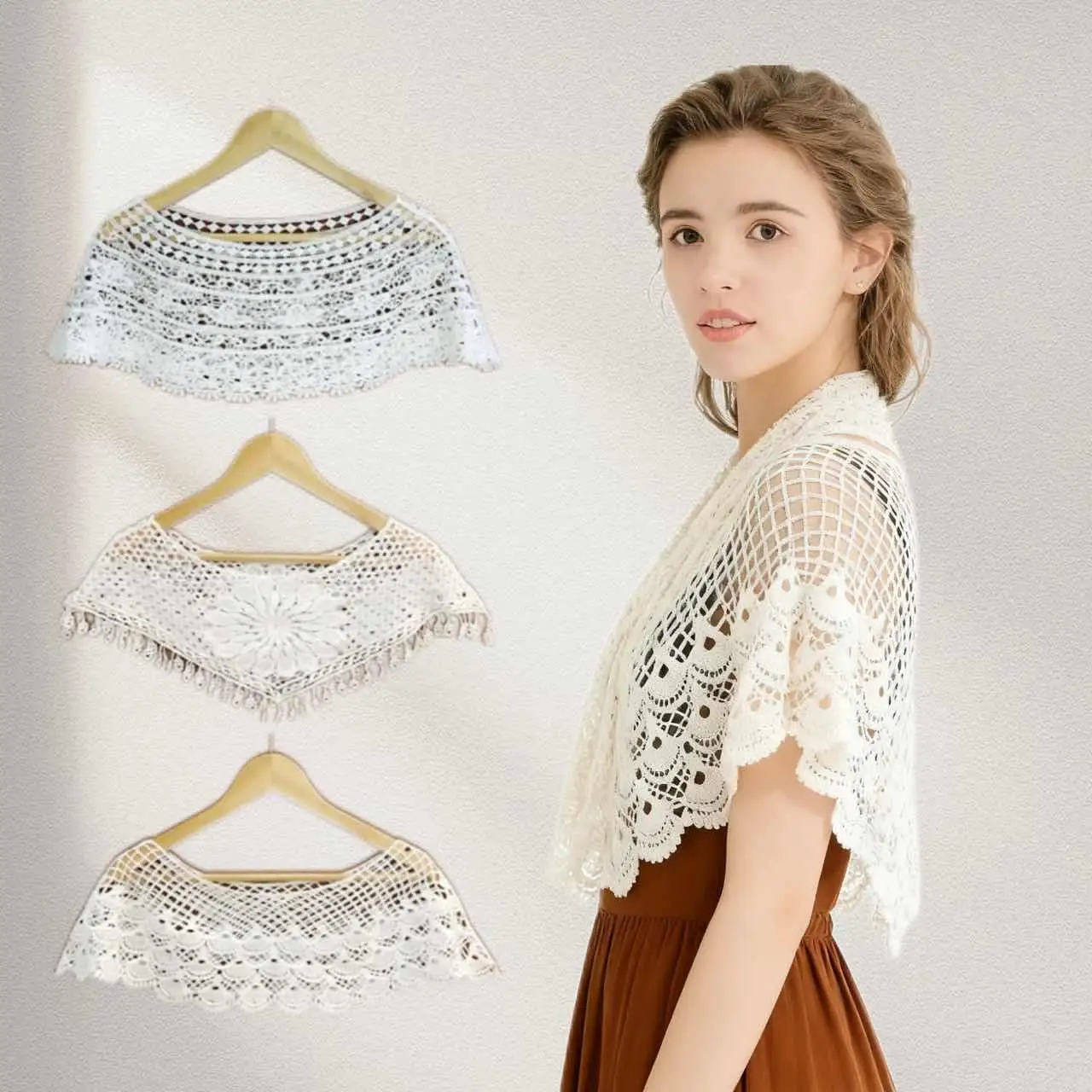 

Women's White Hollow Knit Shawl White Lace Tassel Elegant Cape Party Wedding Summer Sun Protection Decorative Shawl