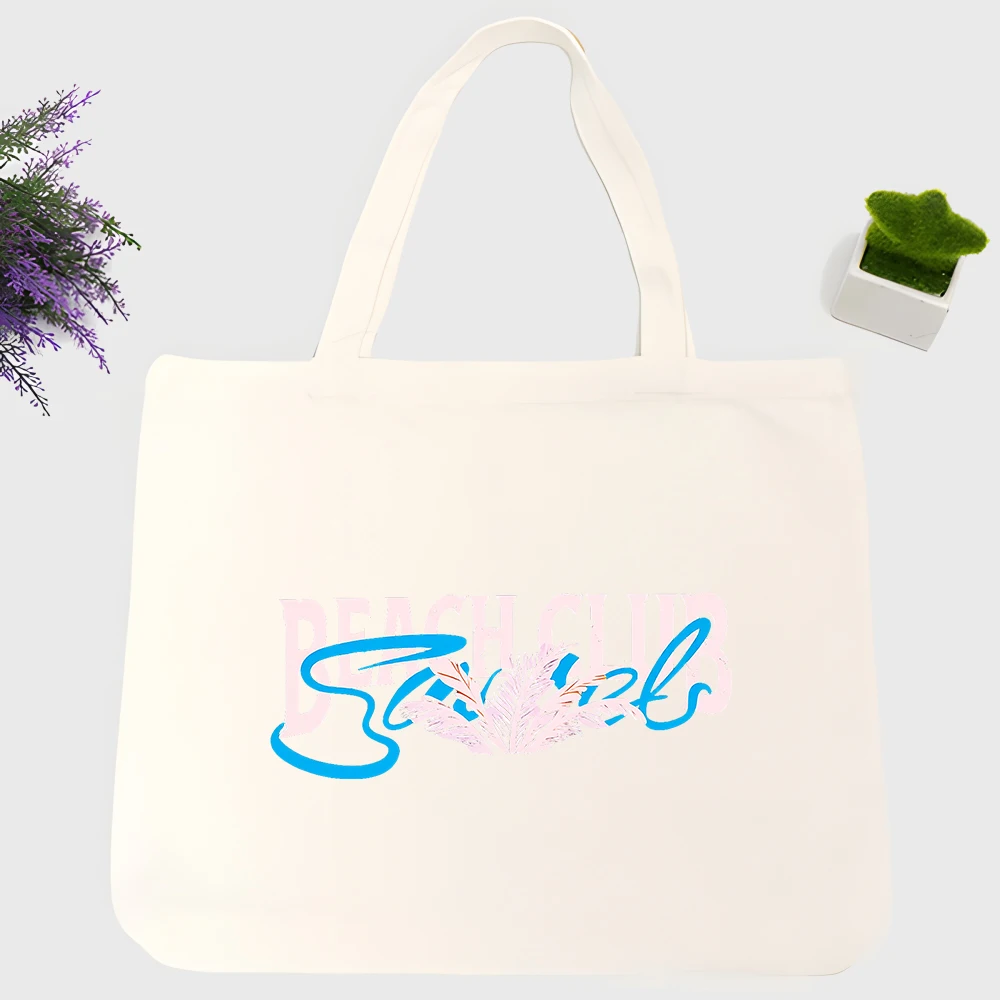 Women's handbag with letter and nature graphic, casual canvas tote for summer beach outings