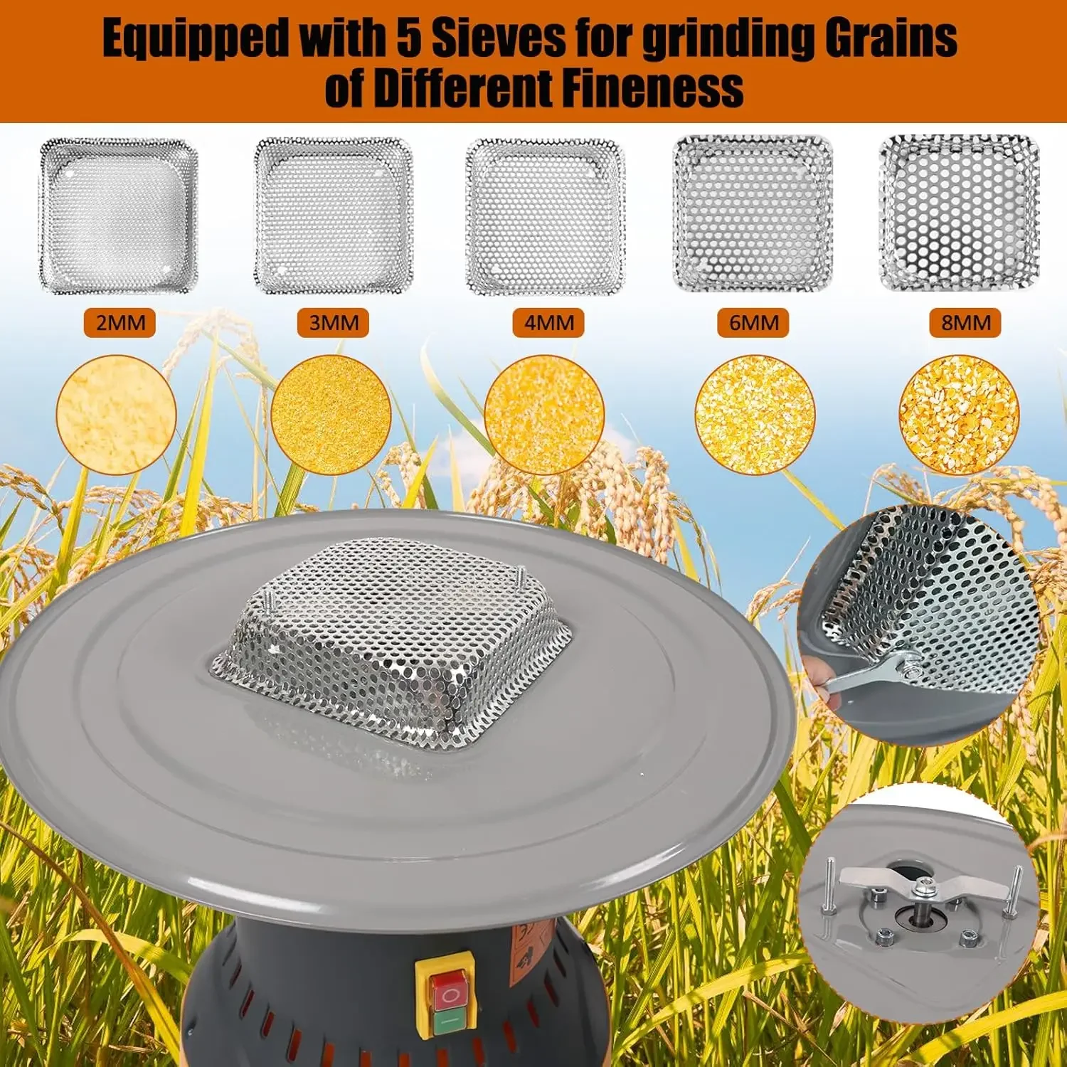 15.8 Gallon/60L Electric Dry Grain Grinder with 5 Sieves, 1300W Dust-Free Corn Grinder Wheat Grinder for Home & Farm Flo