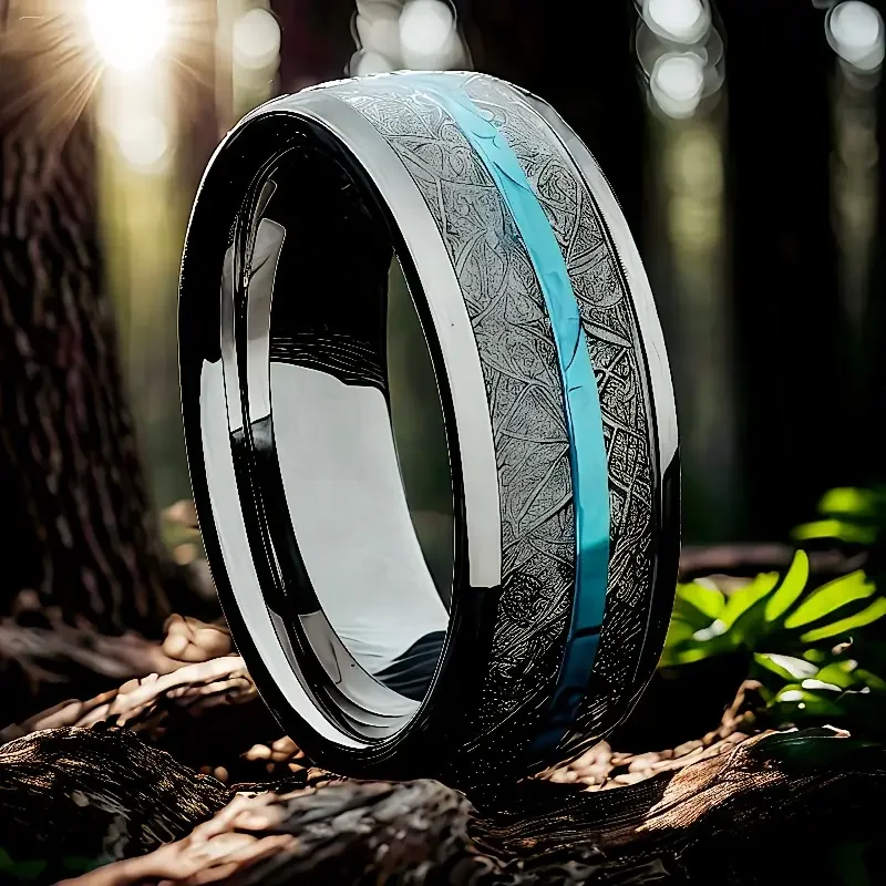 Stylish 1pc Men's Stainless Steel Ring - Synthetic Silvery Silk-Inlaid Blue Turquoise Modern Geometric Design, Durable Minimalis view 2