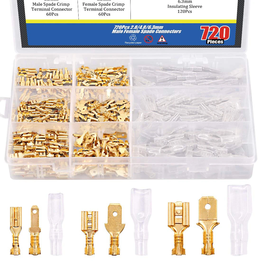 

720 шт. 2,8 мм 4,8 мм 6,3 мм мужской и женский проводной лопаточный разъем и комплект изолирующей втулки, обжимной терминал для медного провода