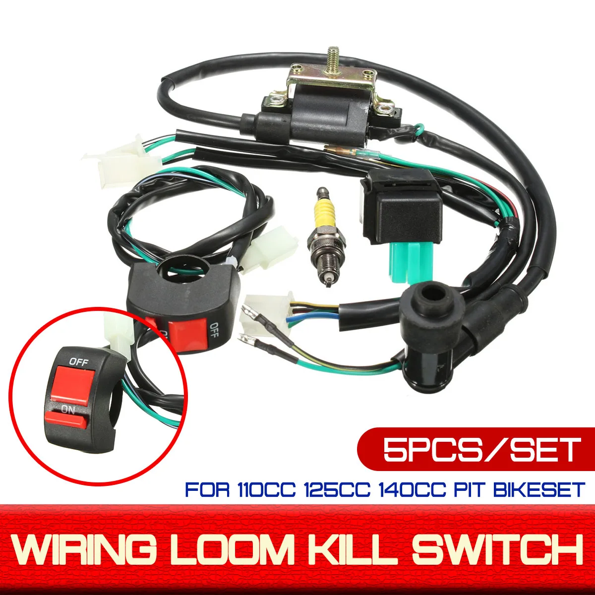 5pcs/set For 110cc 125cc 140cc Pit Bikeset Dirt Bike ATV Wiring Loom Kill Switch Coil CDI Plug Kit 2Pin