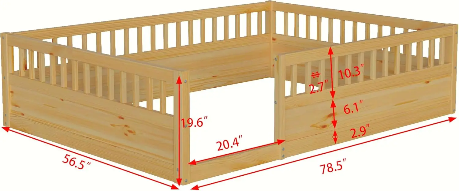 Ball & Cast Full Size Montessori Floor Bed With Fence And High Guardrails,Platform Bed Frame W/Solid Wood Baffle Design & Open