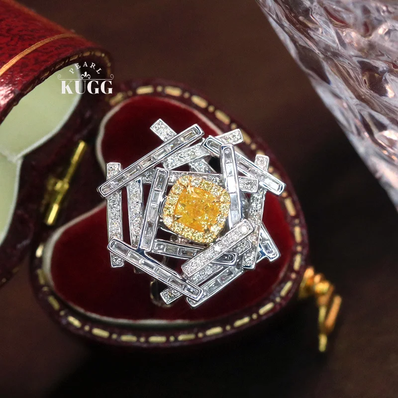 

KUGG 100% 18K White Gold Rings Luxury Design Real Natural Yellow Diamond Engagement Ring for Women Senior Banquet Fine Jewelry