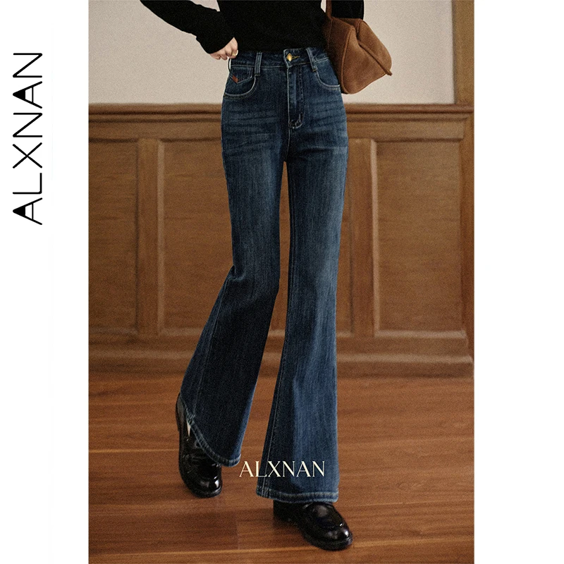 

ALXNAN 2026 New Spring Summer Women's Jeans Vintage Blue High-waist Cotton Flared Denim Jeans Casual Elegant Female Pants L57012