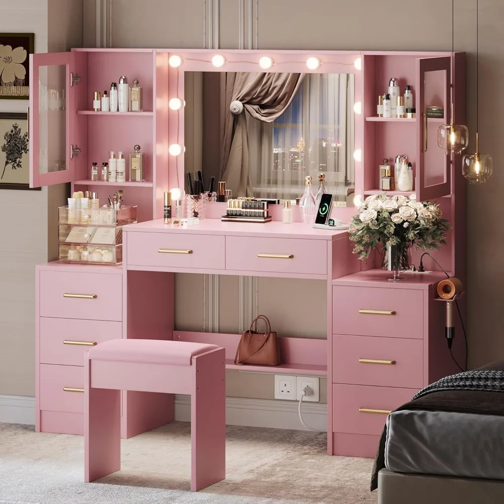 

Pink Makeup Vanity Desk with Adjustable Lighting and Charging Station, 3 Modes