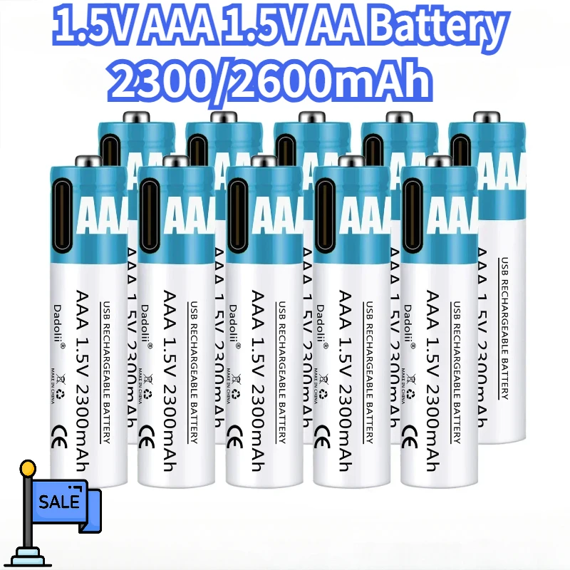 

10pcs 1.5V AAA Rechargeable Battery 2300/2600mAh 1.5V AA Battery Lithium Polymer Battery Quick Charging By Type-C USB Cable