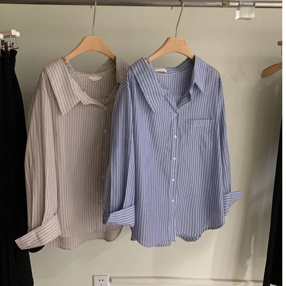 Diseño elegante primavera principios de mujer irt oulder Bared largo Sve rayas corte suelto Casual versátil Sle abotonada Ne