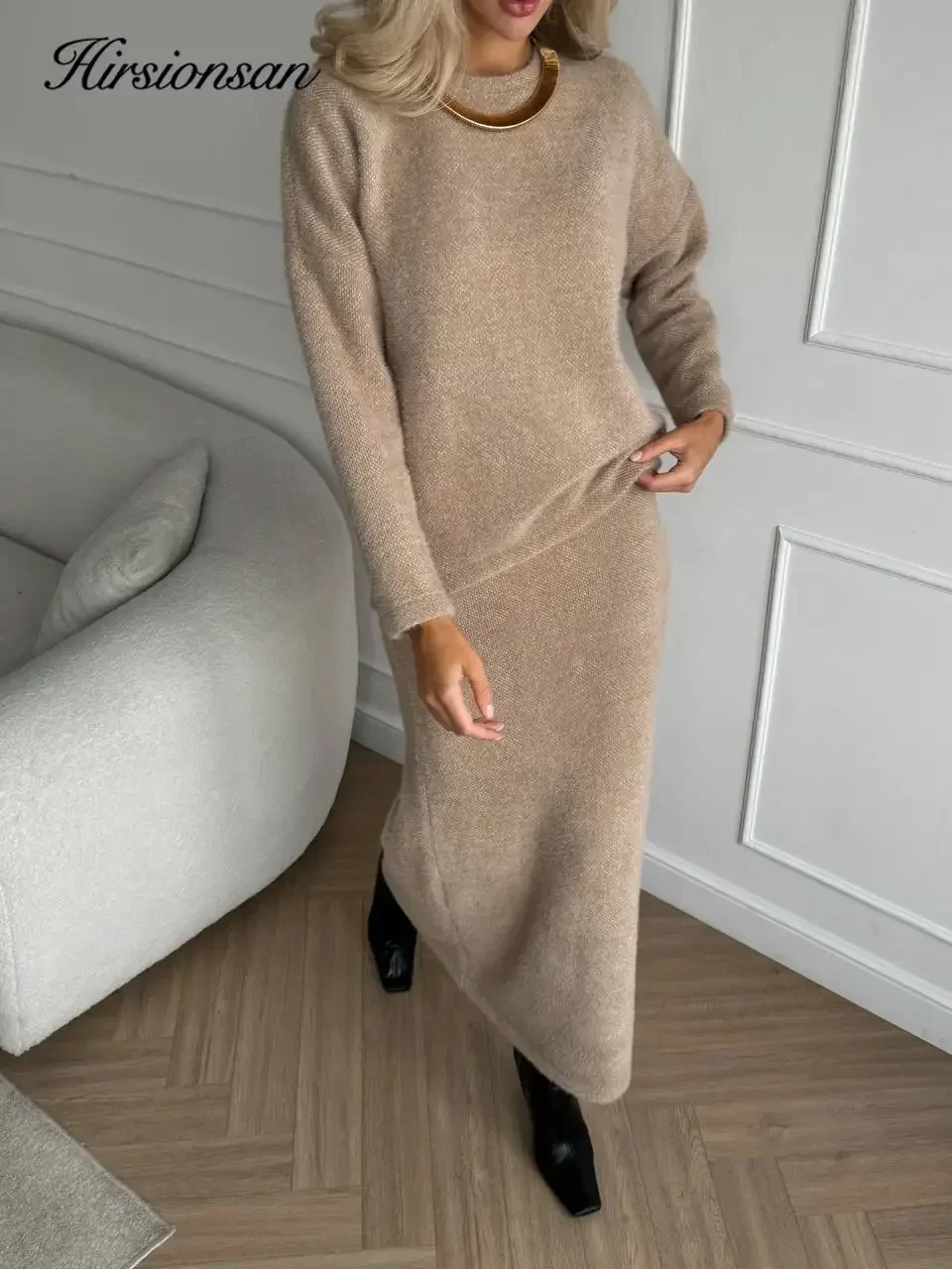 Hirsionsan Elegant Soft Elegant Vintage Women Suits 2 Pieces Female Skirt Sets O Neck Sweater & Midi Dress Knitted TrackSuit