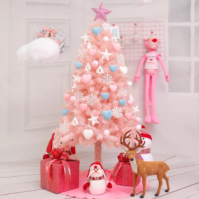 Artificial Pink Christmas Tree with Pine Branches Christmas Tree Set with Lights Metal Tripod Flame Retardant PVC Tree