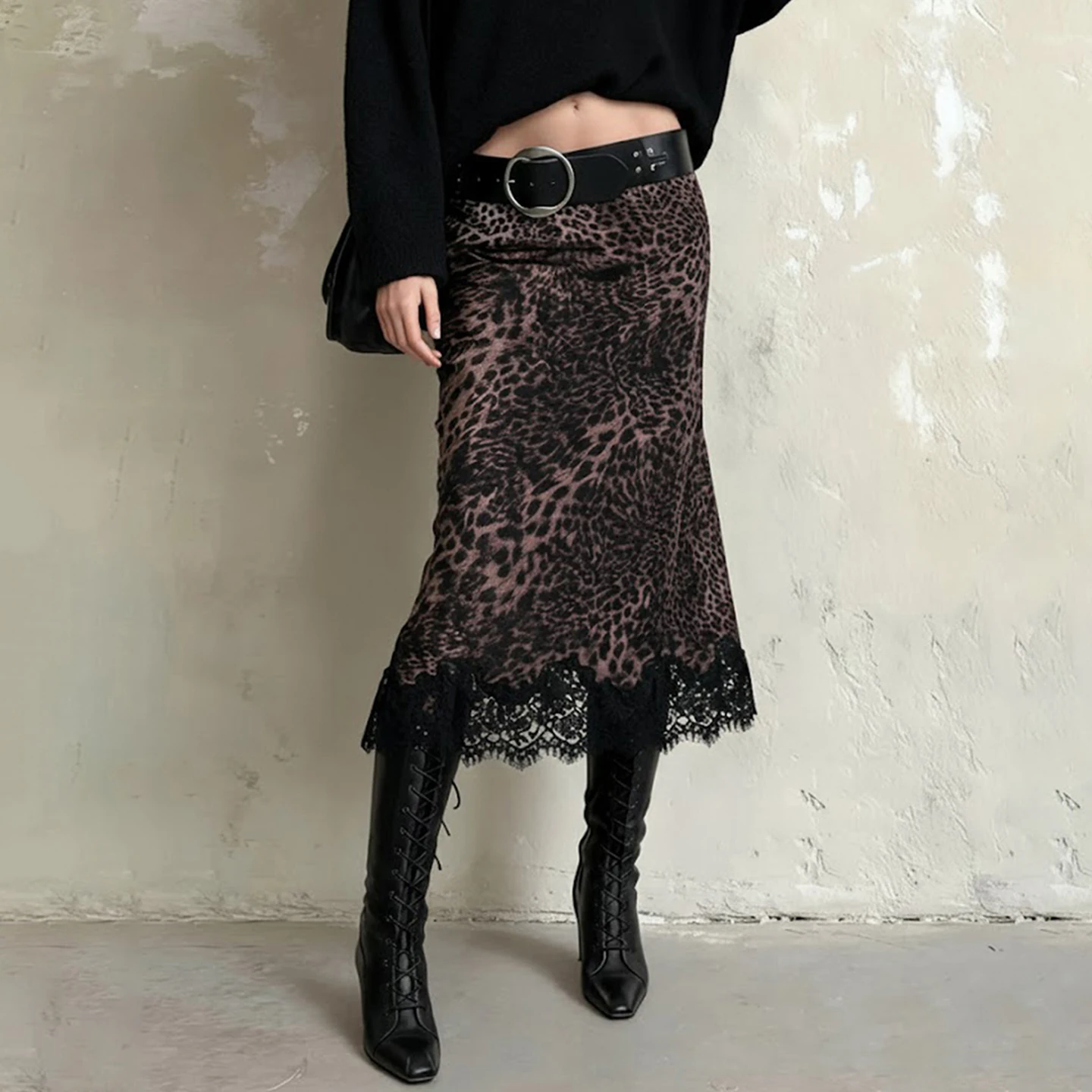 SUCHCUTE Vintage Low-Waist Leopardenmuster Spitze Patchwork Rock Y2K Streetwear Spitzenbesatz Saum Langer Rock Elegante Ästhetik 2025 – Detail 15