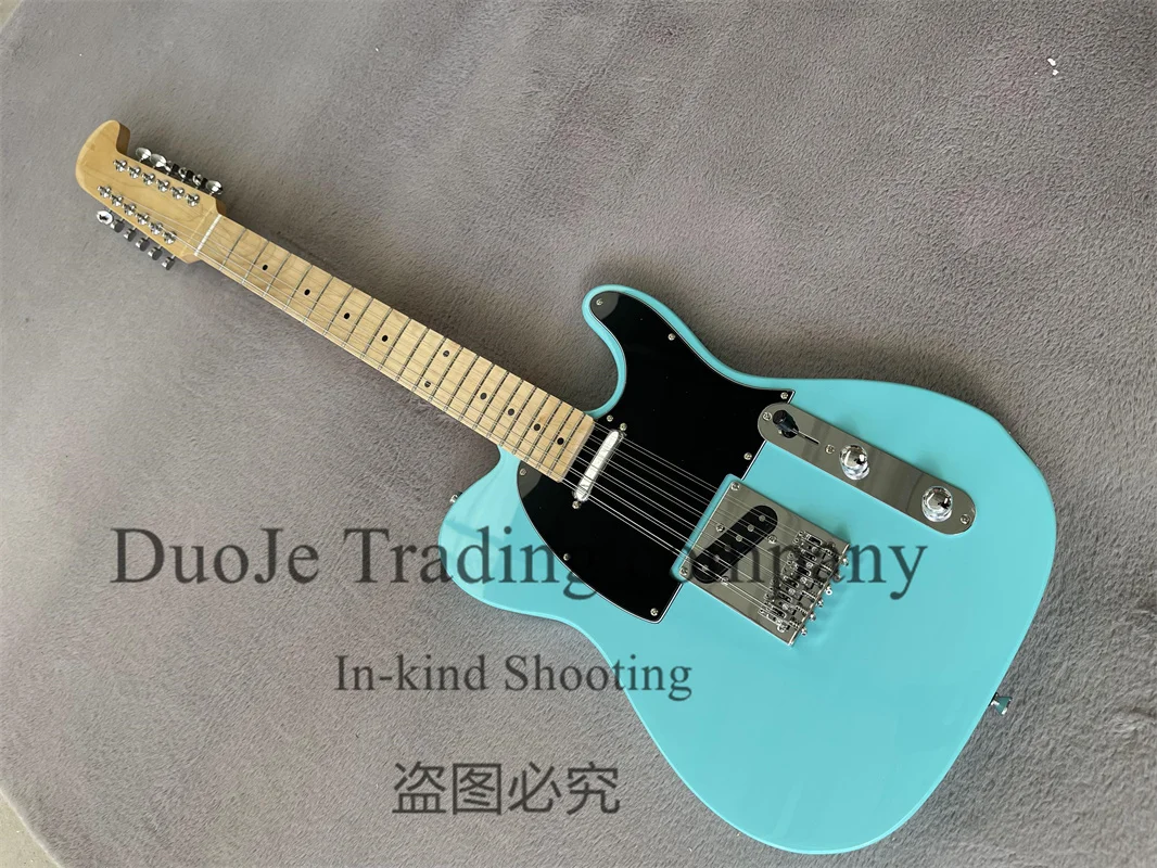 12 String Electric Guitar Tel Sky Blue Body Maple Neck Black Pickguard Strings Though Body   support customization