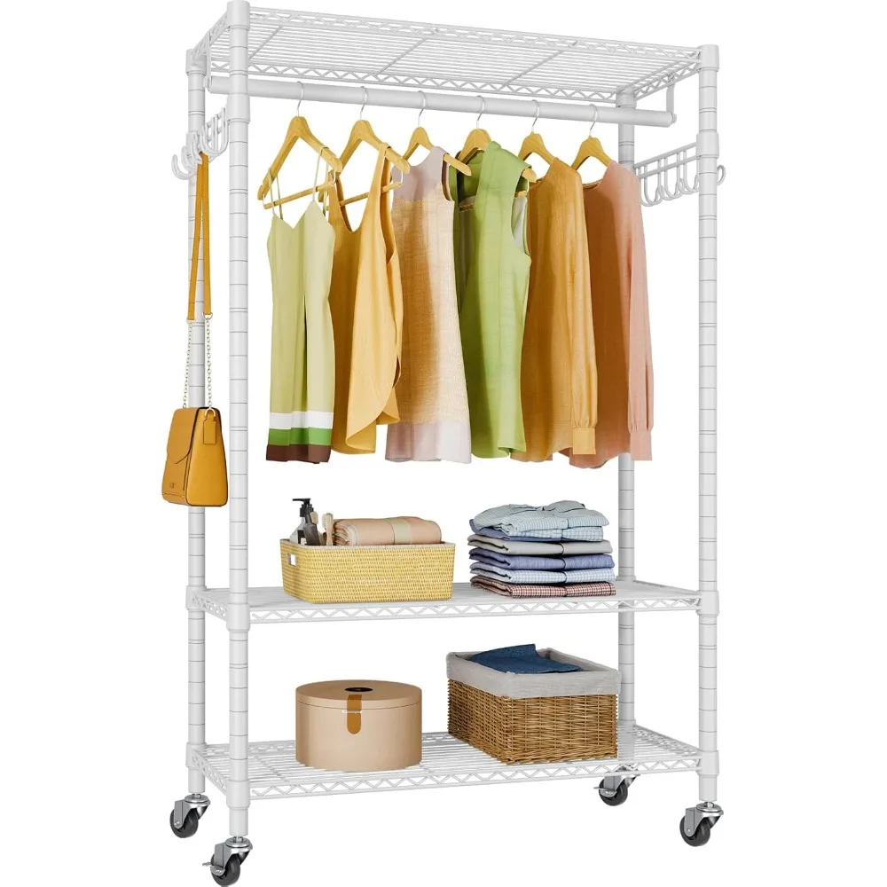 R1 Rolling Clothing Rack Heavy Duty Garment Rack for Hanging Clothes, Portable Closet Wardrobe with Wheels and Side Hooks, Adju