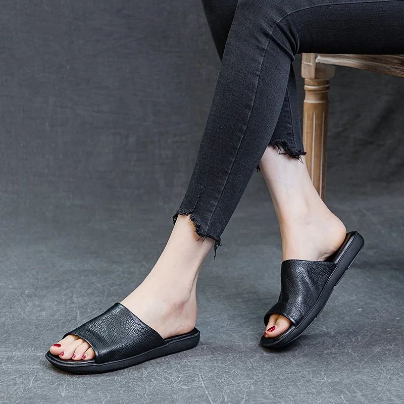 DRKANOL Women Genuine Leather Slippers Summer Open Toe Slip On Outside Casual Slides Soft Sole Retro Style Women Flat Slippers