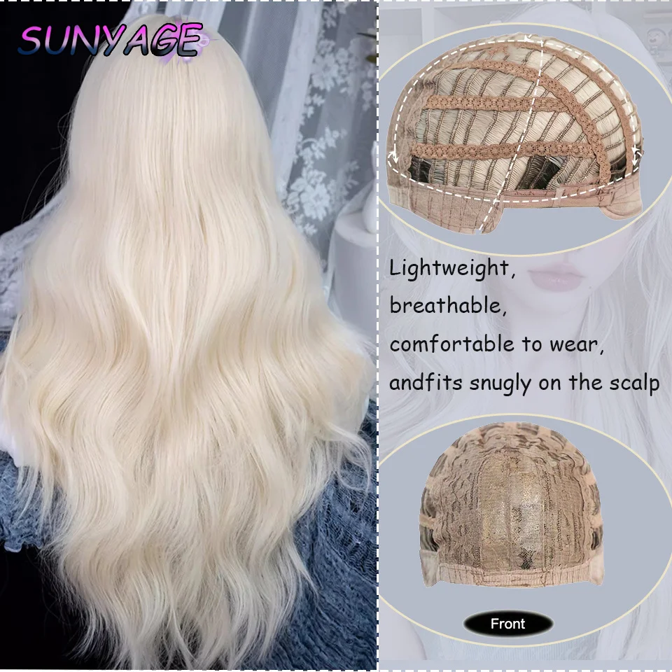 SUNYAGE Lolita-pelucas sintéticas con flequillo para mujer, pelo largo ondulado Natural, Color blanco, resaltado dorado, resistente al calor, uso diario