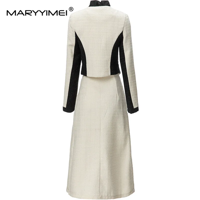 MARYYIMEI Runway High Street Fashion Designer Women's Ruffle Collar Tweed Jacket Tops+Fishtail Midi Skirt 2pcs Set 2023 Newest