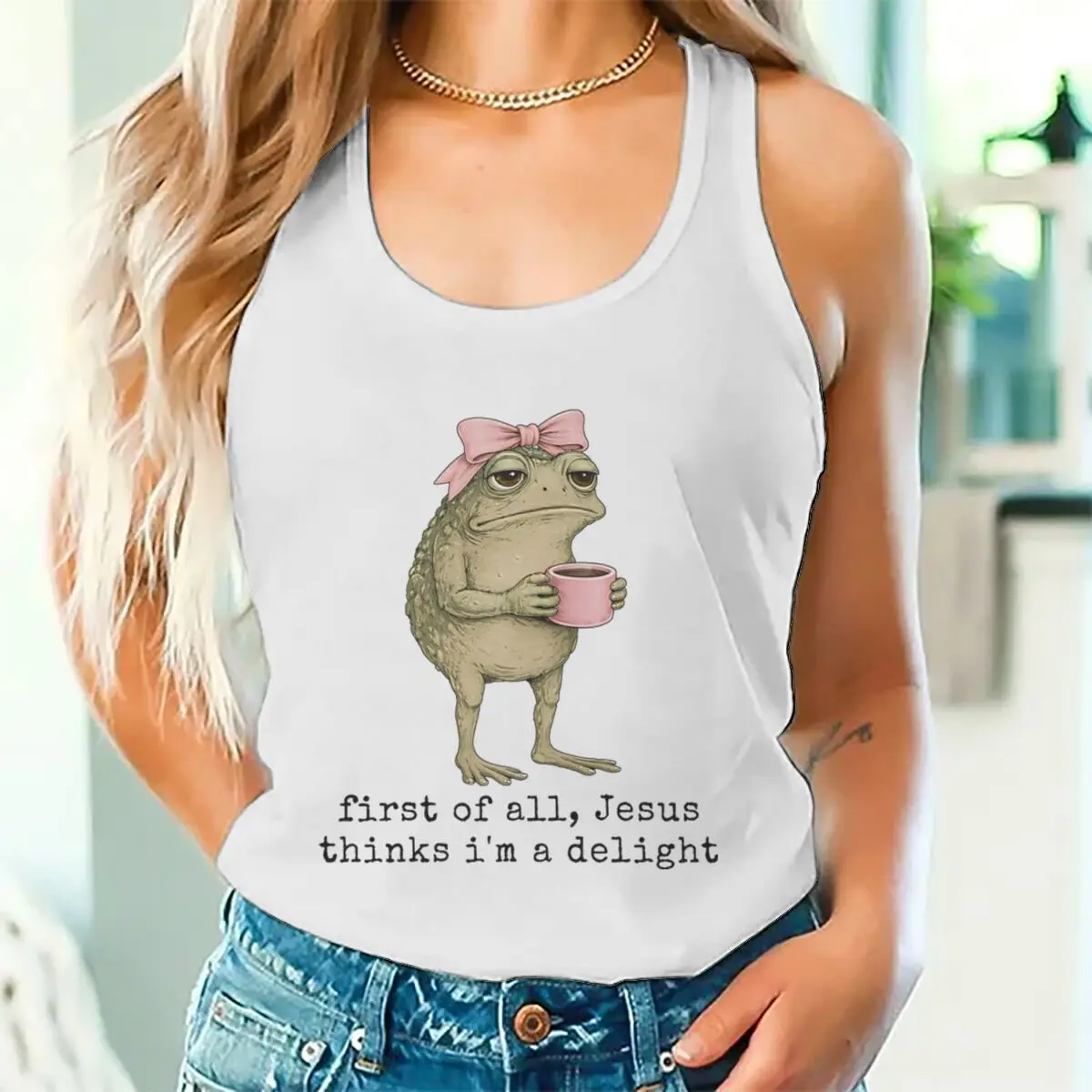 Fun Frog Holding Coffee Graphic Tank Top Women Jesus Thinks I'm A Delight Tanks Women’s Vest Religious Humor Racerback Tops