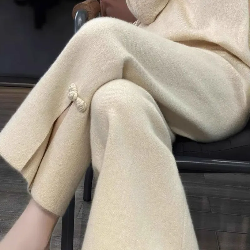 

Женские утягивающие бежевые повседневные брюки с высокой талией в китайском стиле, новые осенние широкие брюки с пряжкой, модные женские бегуны