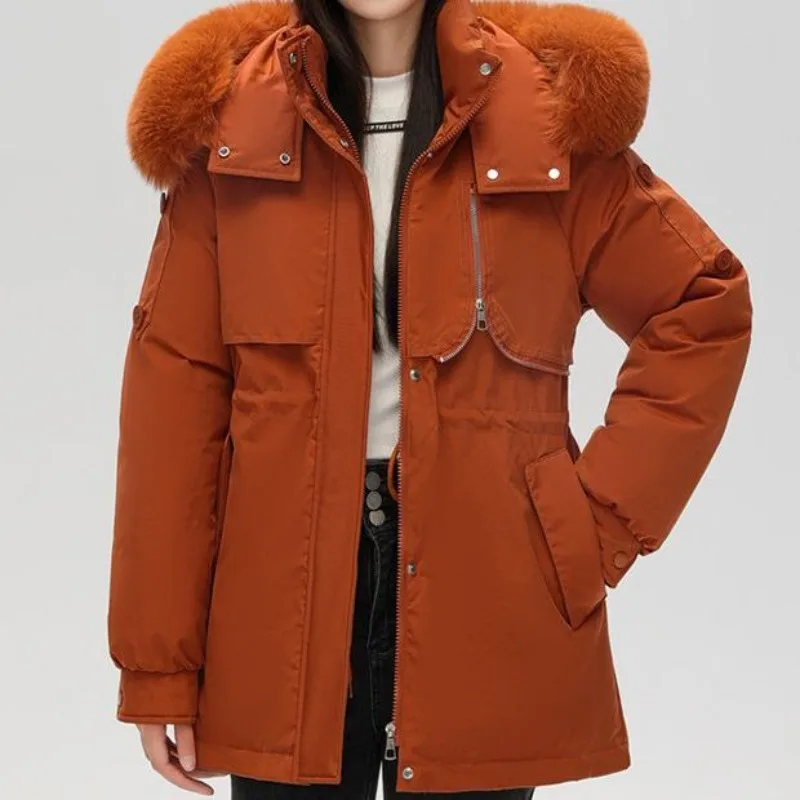 New Women's Down Cotton Coat, Long Winter Cold Warm Padded Jackets, Female Korean Loose Hooded Fur Collar Parker Cotton Clothes