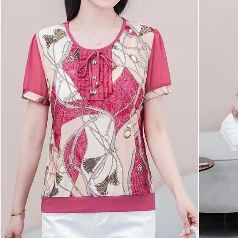 2023 New Summer Style Short Sleeved Lace Up Chiffon Top with Wooden Ear Edge Leopard/Floral Print Crew Neck Loose T-shirt Women