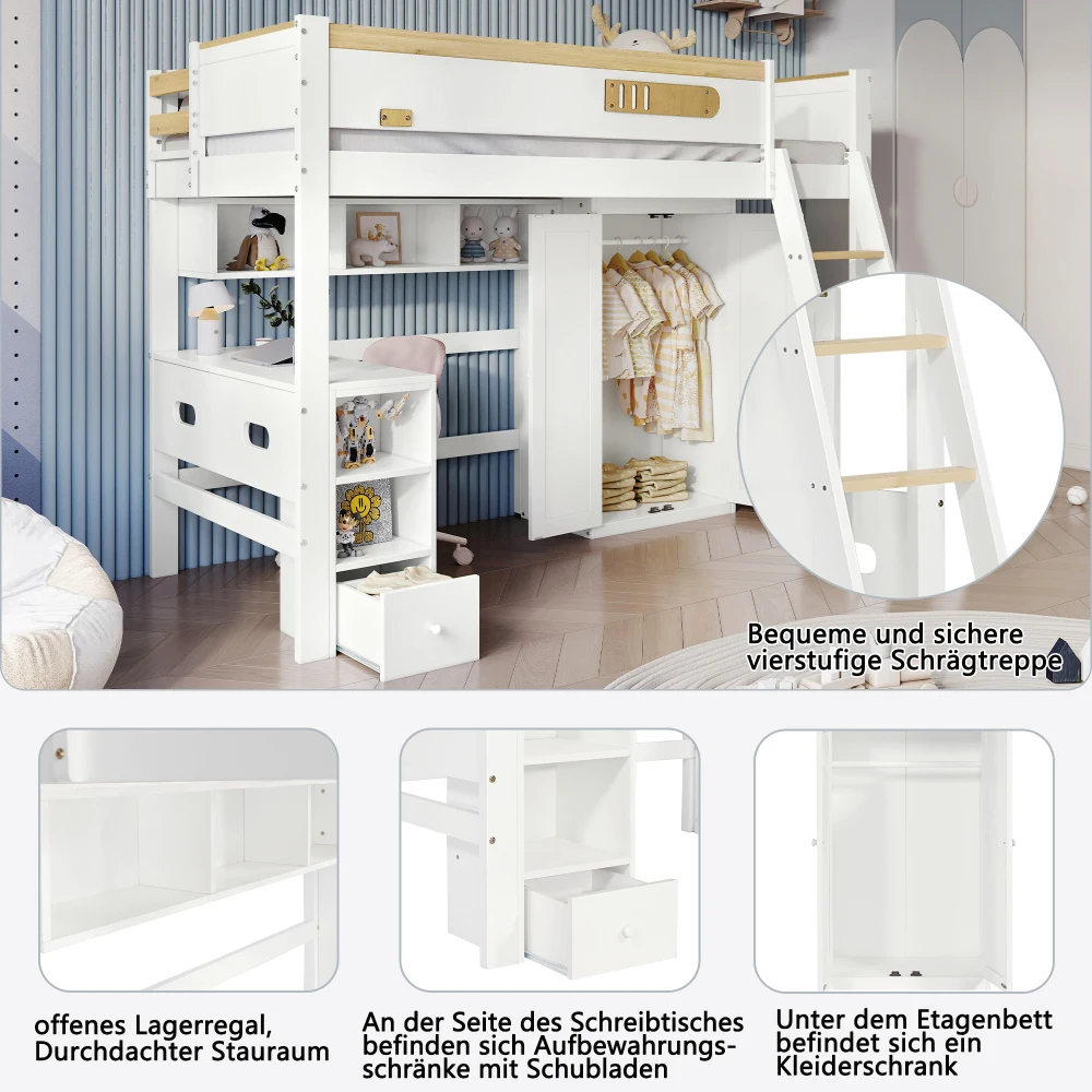 PINGGO Etagenbett für Kinder mit Fallschirmschutzgeländer, Schreibtisch, Kleiderschrank, Stauraum, 4-Stufen-Leiter, Kiefer, MDF, Sperrholz, Weiß, 90x200cm, ohne Matratze – Detail 7