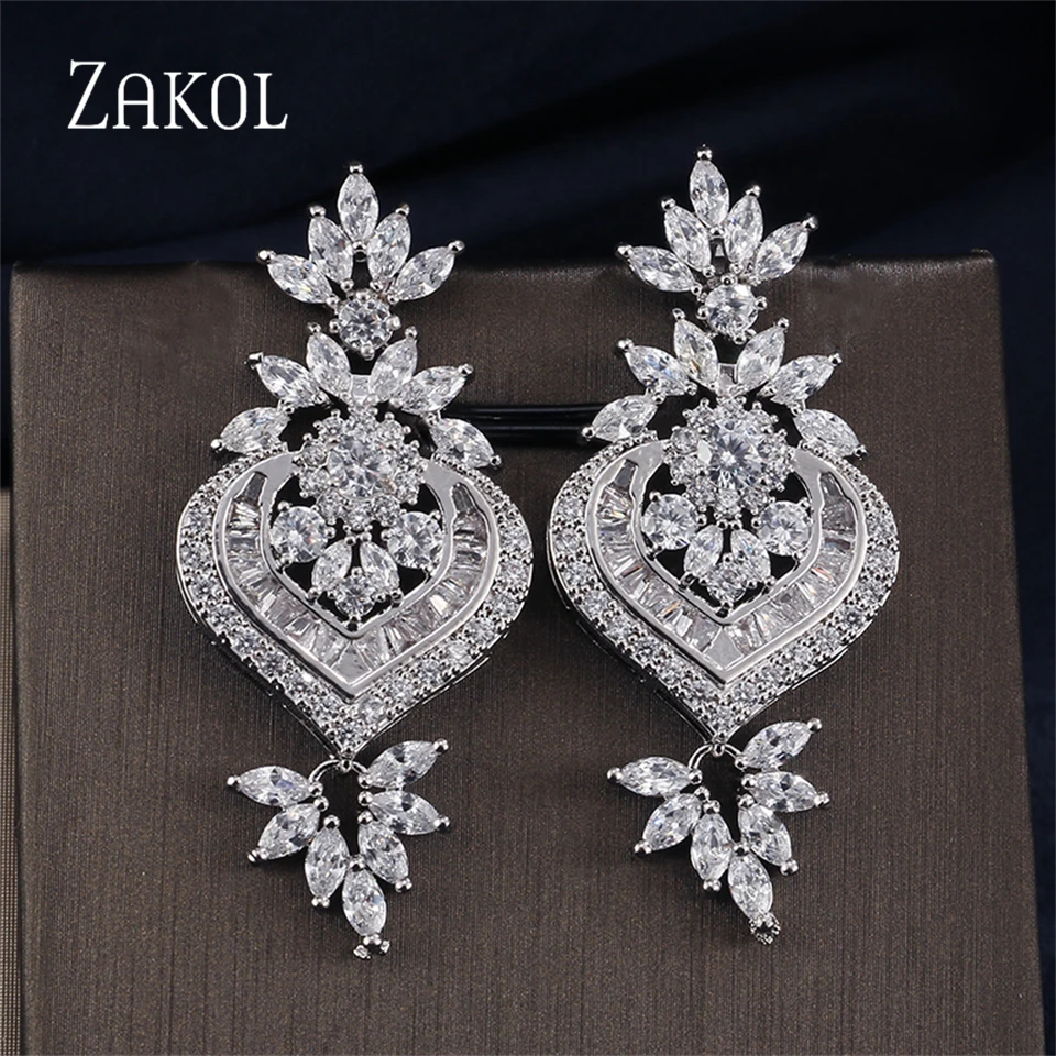 ZAKOL New Heart Zircon Pendant Earrings For Women Long Hollow Crystal Inlay Drop Earring Luxury Bridal Wedding Jewelry Gifts