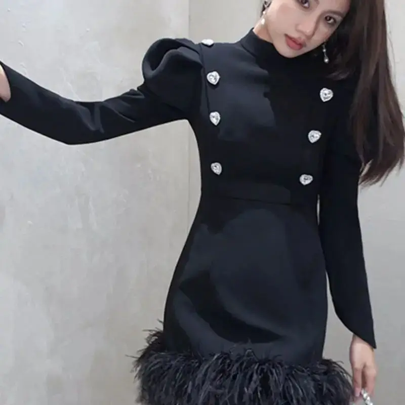 

Dress Double Breasted Furry Patchwork Puff Sleeves Women Elegant Long Sleeve Black Party 2024 Autumn Slim Fit Fashion Mini Dress