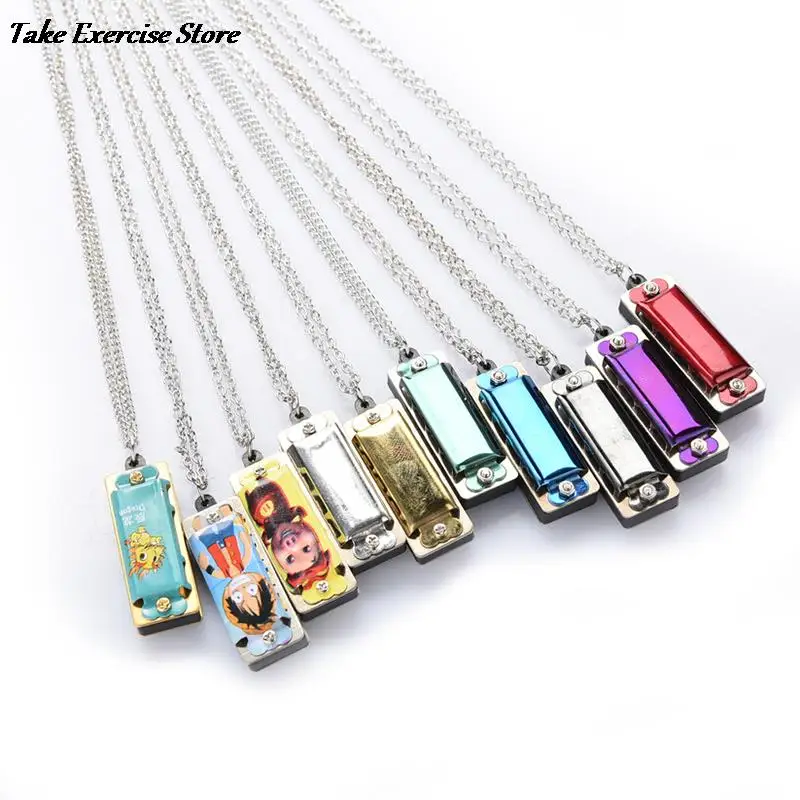 Mini 4 Hole 8 Tone Harmonica Metal Necklace Design Chain Toy Gift Color Random