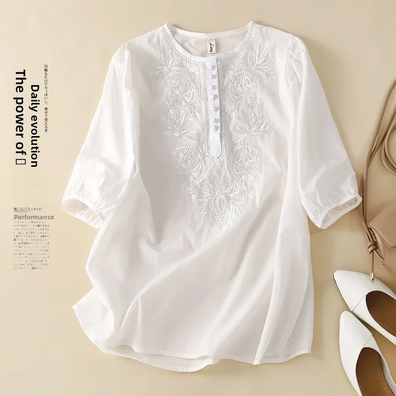 Top Retro de lino y algodón bordado pesado de cinco cuartos Sve irt de talla grande para mujer, Top redondo con botones Ne