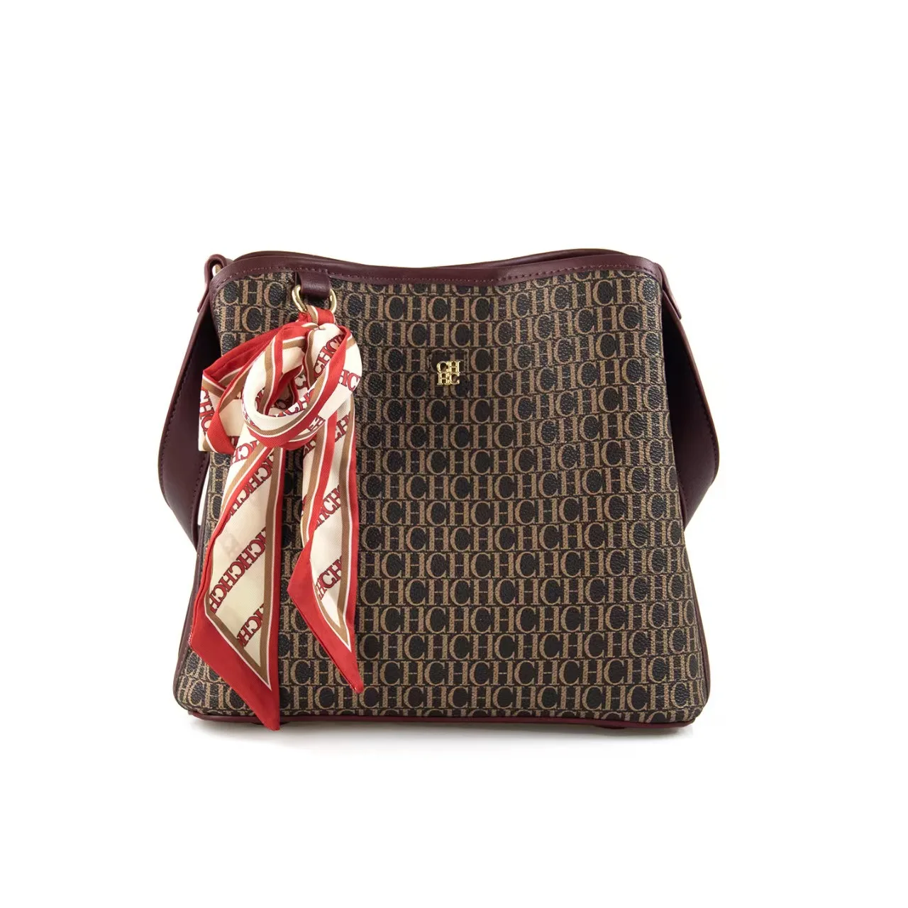 CH Women's Vintage Embossed Crossbody Bag with Scarf Decoration European American Style Floral Letter Print Shoulder Bag