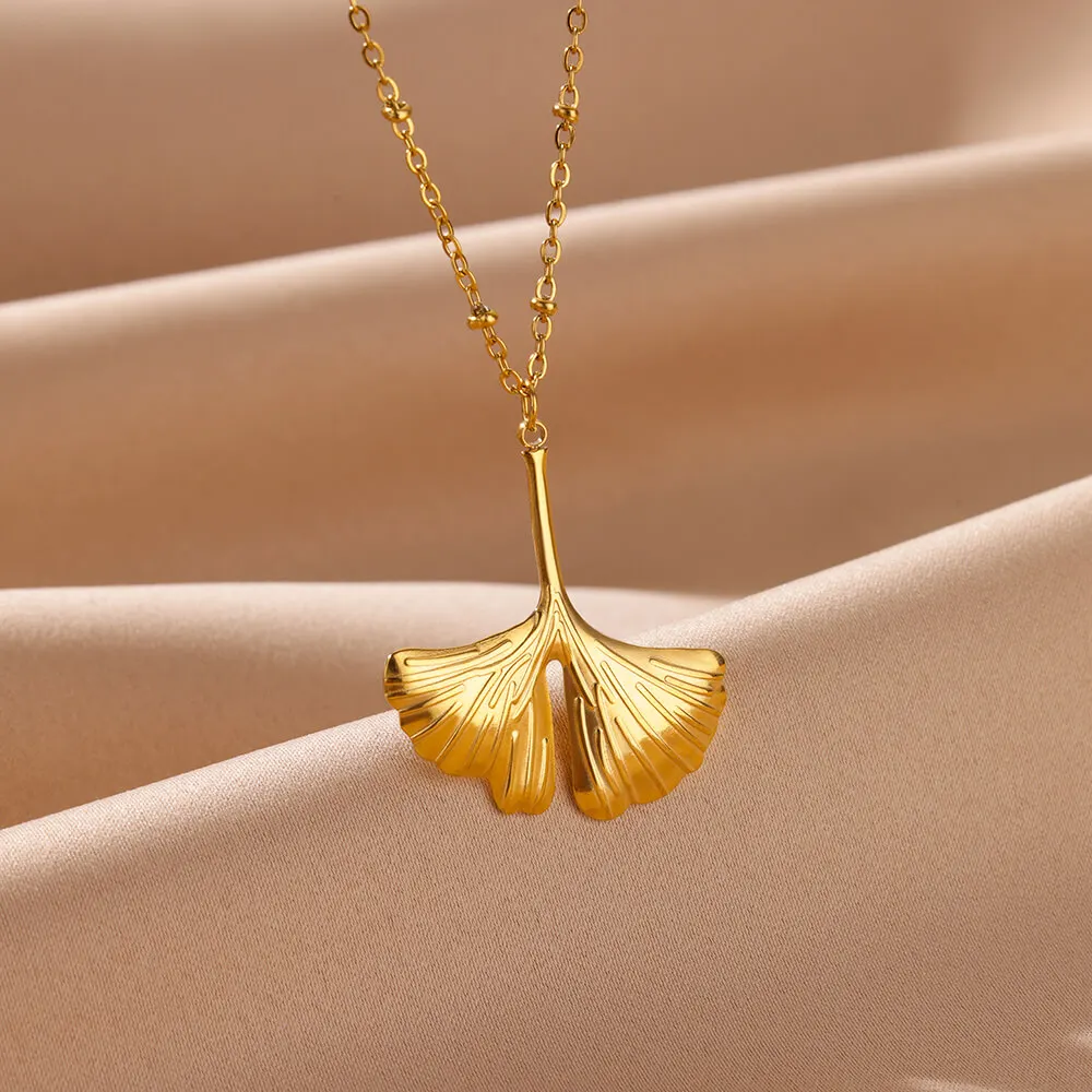 Gold Color Ginkgo Leaf Necklace for Women Vintage Geometric Pendant Stainless Steel Chain Necklace Jewelry Wedding Party Gift