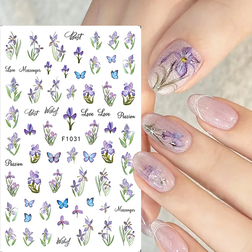 3D Purple Flowers Nail Art Stickers Blue Pink Butterfly Florals Tulip Lavender Nail Stickers Spring Decals Decoration LEBF1031