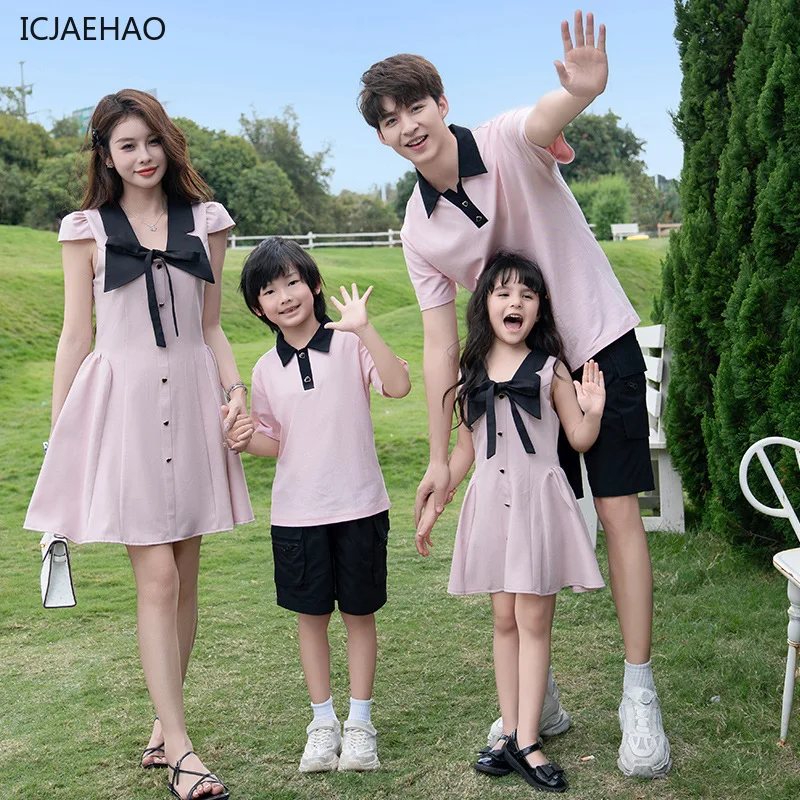 2025 Mom Dad Daughter Son Family Matching New Bow Tie Elegant Dress Set Short Sleeve Mother Daughter Outfits Summer Vacation