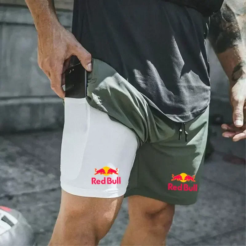 

Red Bull Sport Shorts Men Sportswear Double-deck Running Shorts Beach Bottoms Summer Gym Fitness Training Jogging Short Pants